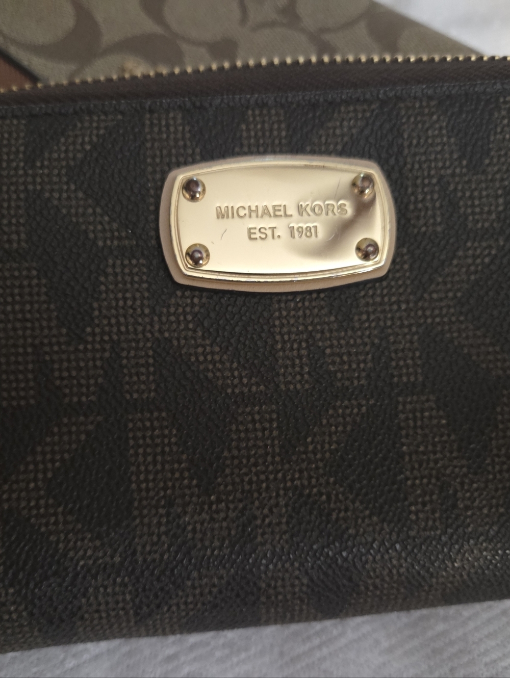 Michael Kors Brown Monogram Zip-Around Wallet with Gold Plate